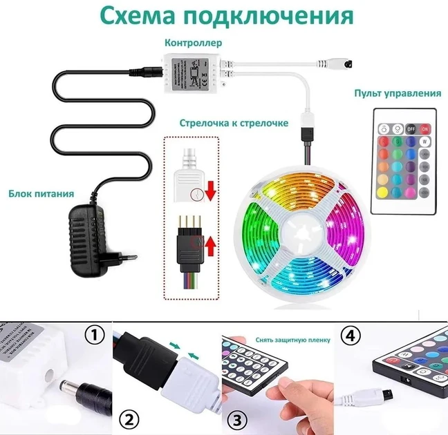 Яркая цветная влагостойкая клейкая лента RGB 3528 полный комплект светодиодная 300 LED (100)