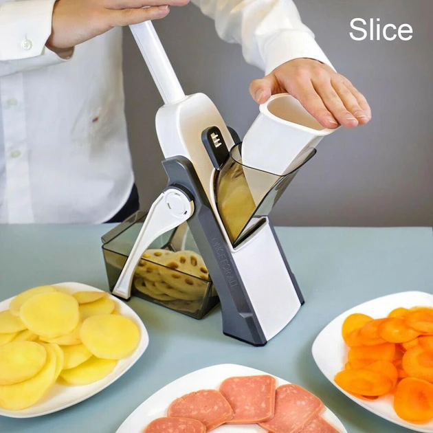 Універсальний слайсер для овочів і фруктів Brava Spring Multislicer з контейнером, ручний мультислайсер, тертка (24)