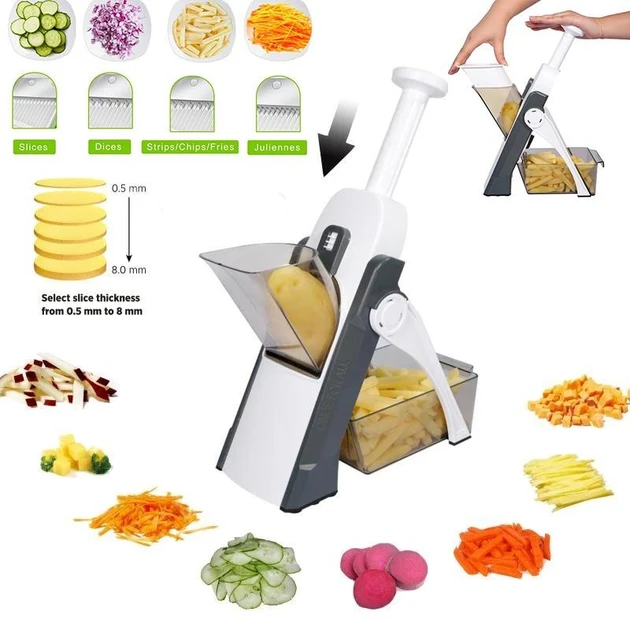 Універсальний слайсер для овочів і фруктів Brava Spring Multislicer з контейнером, ручний мультислайсер, тертка (24)
