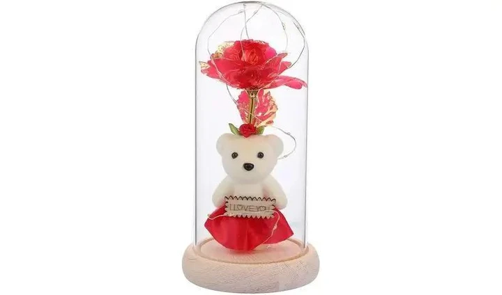 Роза в стеклянной колбе Rose of Love с LED подсветкой и мишка плюшевый (48)