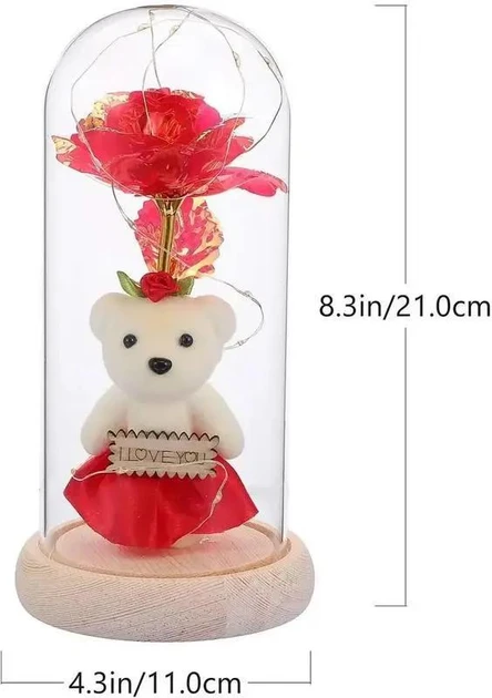 Роза в стеклянной колбе Rose of Love с LED подсветкой и мишка плюшевый (48)