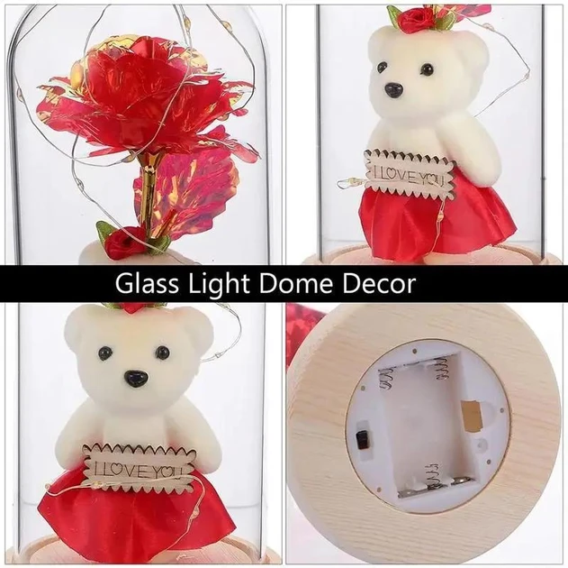 Роза в стеклянной колбе Rose of Love с LED подсветкой и мишка плюшевый (48)