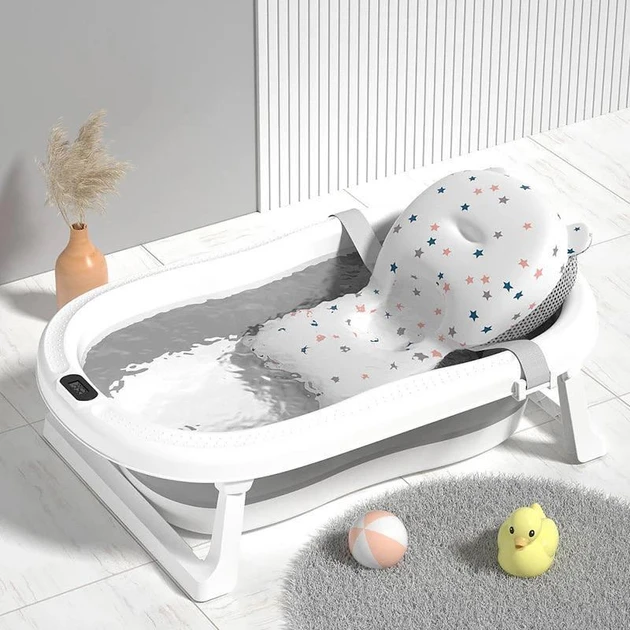 Детская ванночка для купания складная с термометром и подушкой Высокого качества Серая со звездами (10)