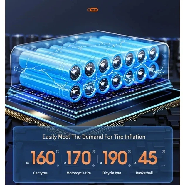 Портативний компресор акумуляторний з дисплеєм і ліхтарем, насос для шин автомобіля, мотоцикла, велосипеда (30)