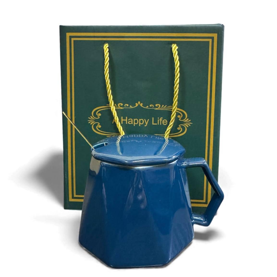 Чашка в подарочной упаковке 400мл с крышечкой и ложкой синяя (40)