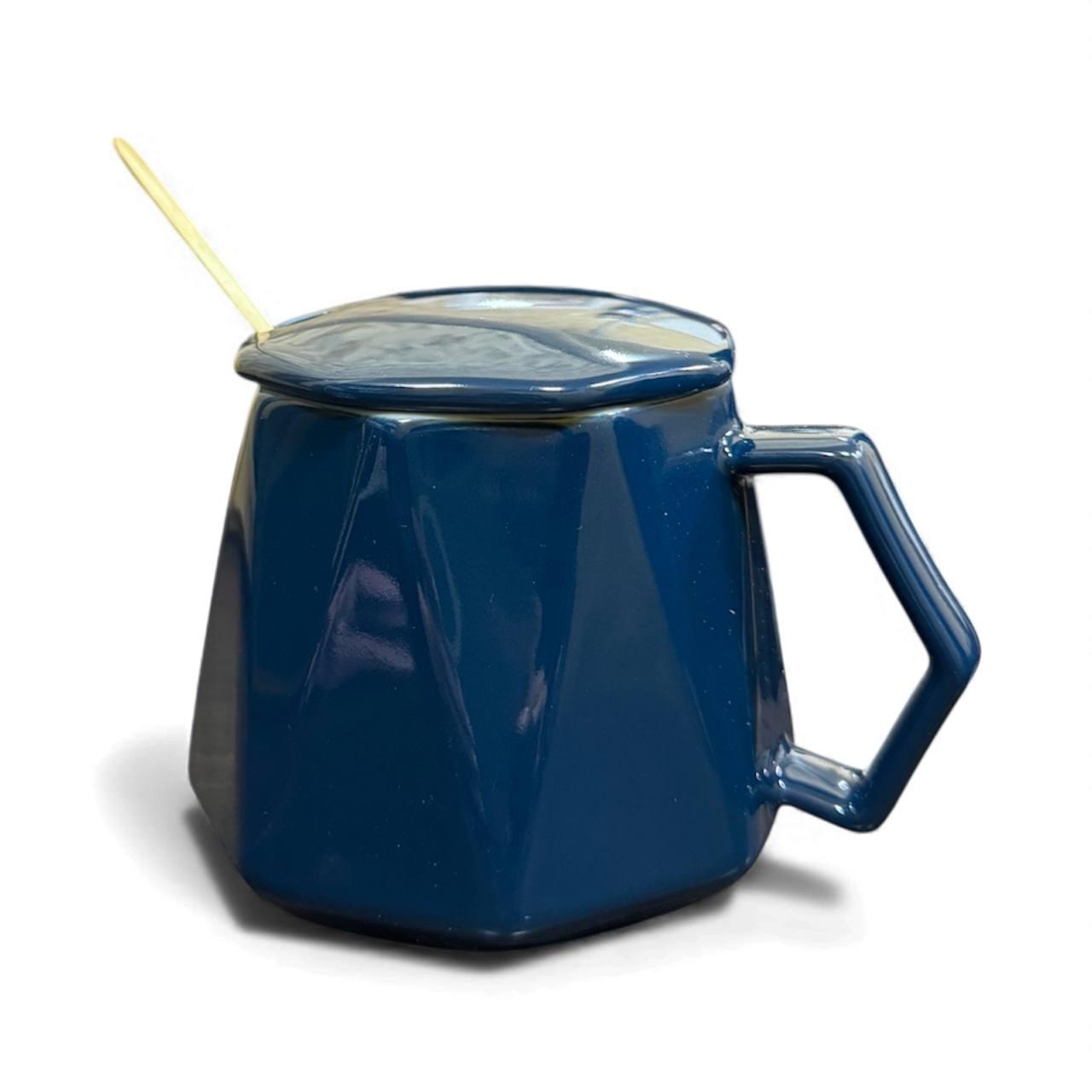 Чашка в подарочной упаковке 400мл с крышечкой и ложкой синяя (40)