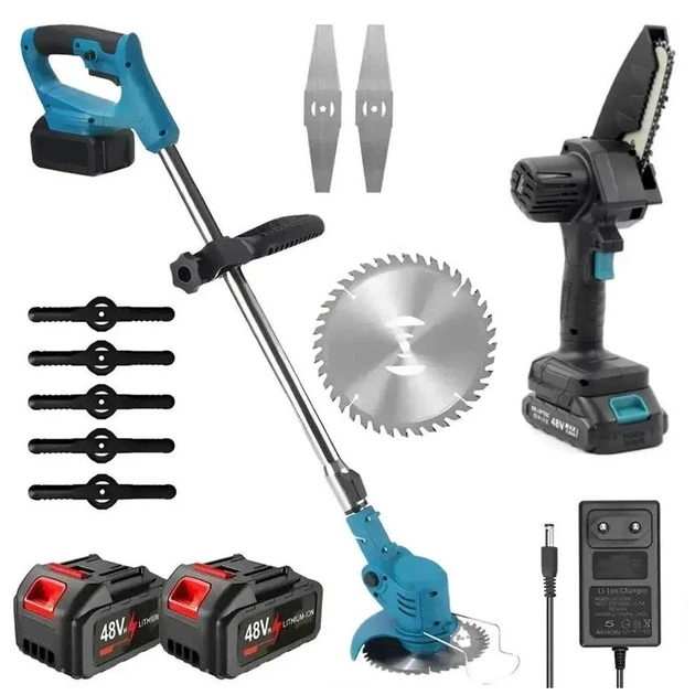 Газонокосарка + ланцюгова пила, комплект садової техніки 2в1 з двома акумуляторами АКБ (6)