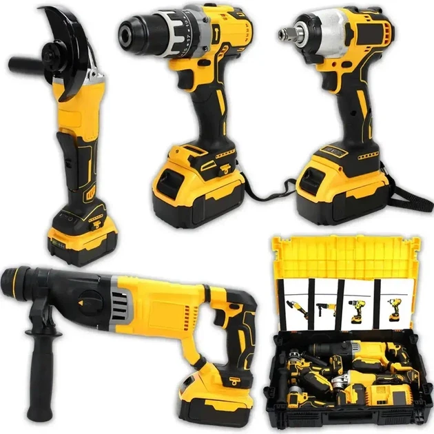 Набір акумуляторного інструменту 4 в 1 Шурупокрут, Болгарка, Гайковерт, Перфоратор жовтий X337 (2)