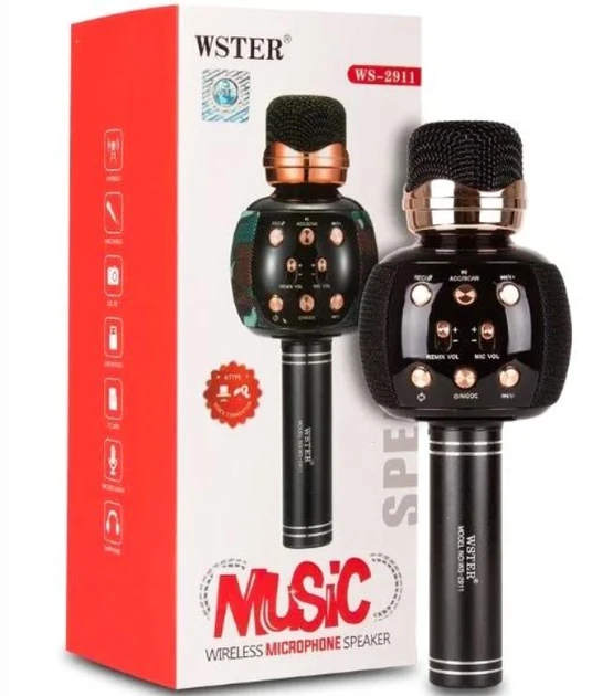 Бездротовий караоке-мікрофон з динаміком 5 тембрів голосу USB AUX FM Wster WS-2911 чорний (40)
