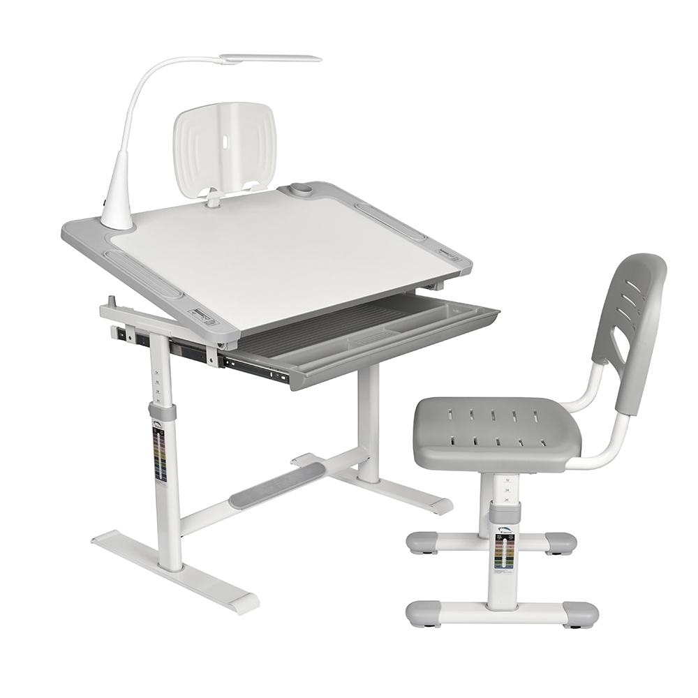 Парта дитяча зі стільчиком, регульована, підставка для книги, лампа, сіра (1)