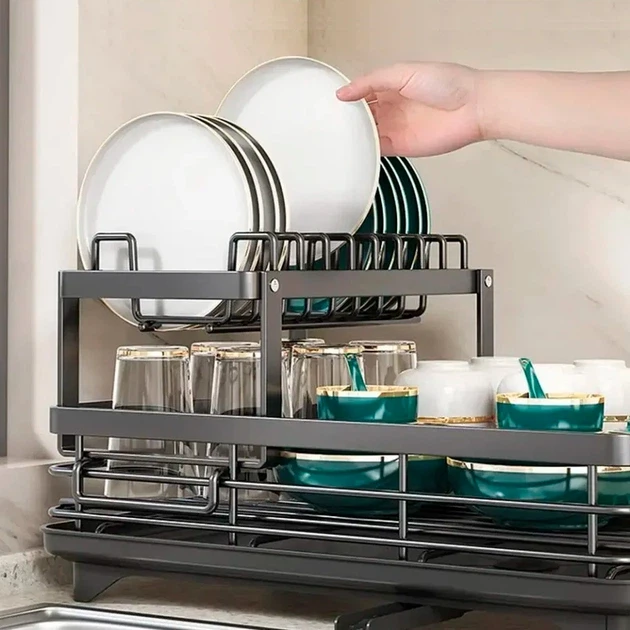 Сушарка для посуду BauTech дворівнева з тримачем для тарілок Чорний (10)