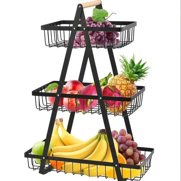 Настільний триярусний кошик — фруктовиця з дерев'яною ручкою Triple Fruit Basket (18)