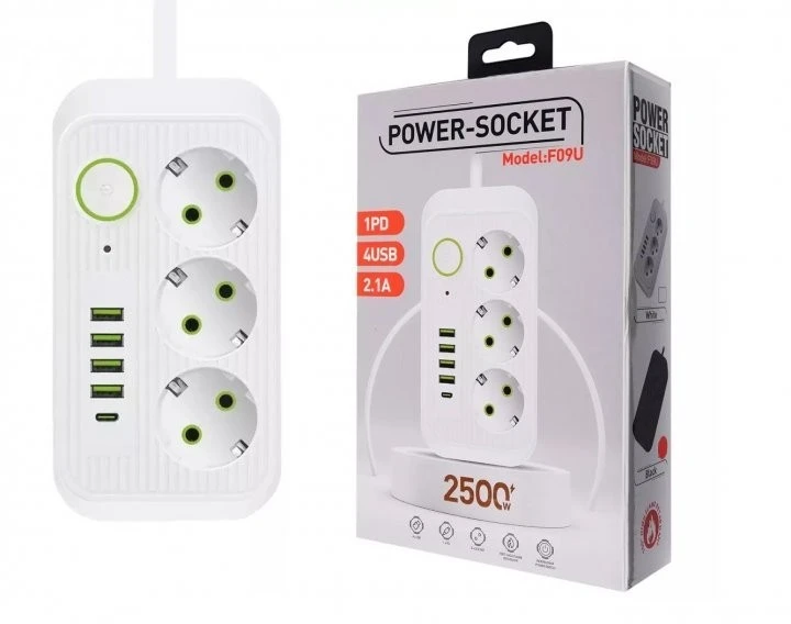 Мережевий фільтр (подовжувач) Power — Socket F09U 3 розетки 4 USB + Type-C 2 дюйми чорний, білий (50)